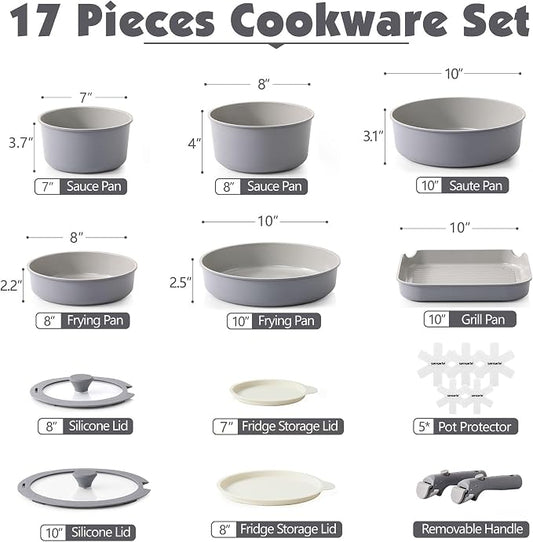SENSARTE 17 Piece Ceramic Pots and Pans Set, Nonstick Detachable Handle Cookware, Induction Kitchen Cookware Set with Removable Handle, Dishwasher ＆ Oven Safe (Gray)