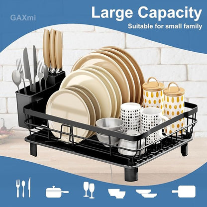 GAXmi Dish Drying Rack with Drainboard for Kitchen Countertop 1-Tier Black | With utensil holder, Over the sink, Quick drainage, Space-saving, Large capacity
