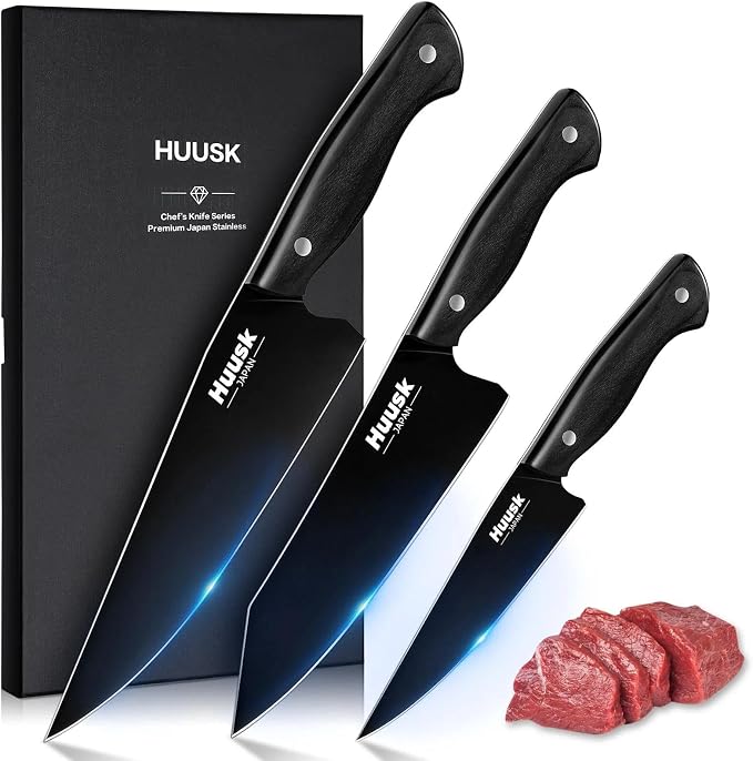 Huusk Japanese Chef Knife Set for Kitchen - 3 pcs Black Kitchen Knife Set with Titanium Coating, Stainless Cutting Knives Sets, Professional Cooking Knives for Vegetable Fruit Meat, Christmas Gift Men