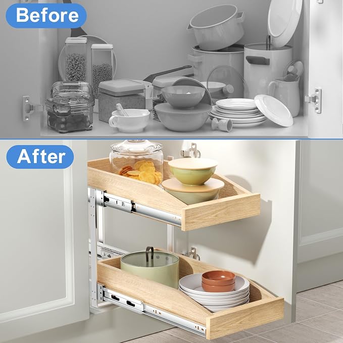 ROOMTEC 2 Tier Pull Out Cabinet Organizer, Double Tier Slide Out Wood Cabinet Organizer with U Bracket, Pull Out Drawers for Base Cabinet Organization in Kitchen, Pantry(10½"W x 21" D)