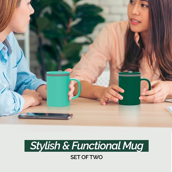 Copco Iconic 16oz Double Wall Insulated Desk Mug with Lid & Handle, Set of 2, BPA-Free Reusable Plastic, Spill-Resistant, Microwave & Dishwasher Safe, Wide Mouth (Green/Hunter Green)