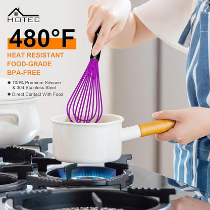 HOTEC 4 Pieces Silicone Whisks Set, Wire Balloon Whisks for cooking Egg Beater, Non-slip Handle Whisk for Non-stick Cookware Perfect for Cooking, Stirring, Beating and Blending,Purple