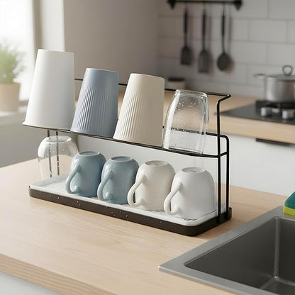 2-Tier Bottle Drying Rack Cup Cradle Storage with Drain Removable Tray Mug Organizer Over Sink Instant Dry Small Dish Dryer for Kitchen Countertop Water Bottles and Tumblers,Coffee Mugs, Glasses 15.7“