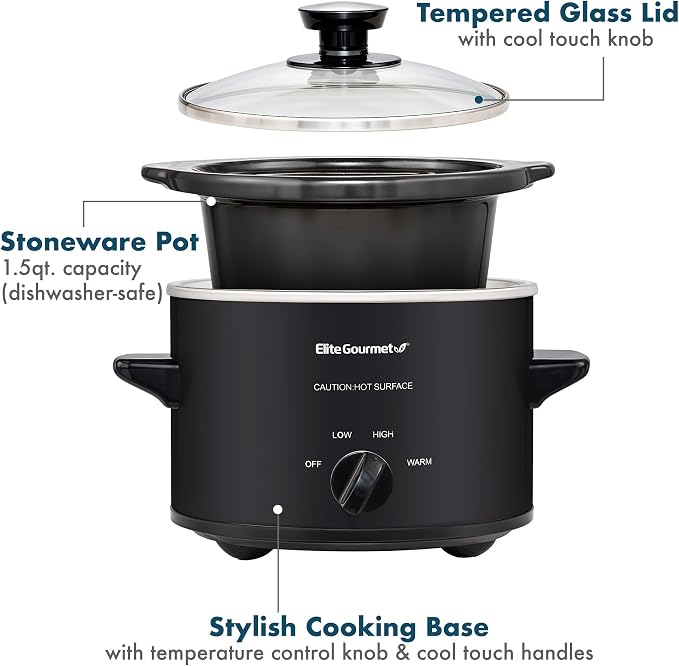 Elite Gourmet MST-250XBX Electric Slow Cooker Ceramic Pot, with Adjustable Temp, Entrees, Sauces, Soups, Roasts, Stews & Dips, Dishwasher Safe (1.5 Quart, Black)