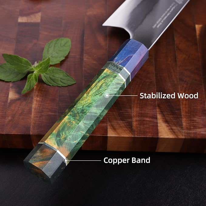 FINDKING 8 Inch Kiritsuke Chef Knife, Japanese-Style Kitchen Knife with 7-Layer 440C Clad Steel Blade, Colorful Stabilized Wood Octagonal Handle, Versatile for Slicing, Chopping, Dicing and Meal Prep