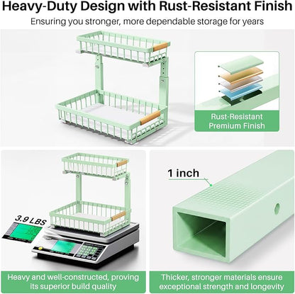 Kitstorack Under Sink Organizer, 2 Tier Under the Sink Storage, Slide out Pull out Cabinet Organizer Shelf, Metal Sliding Drawer for Kitchen Bathroom Pantry Closet Organization Rack, Green, 2 Pack