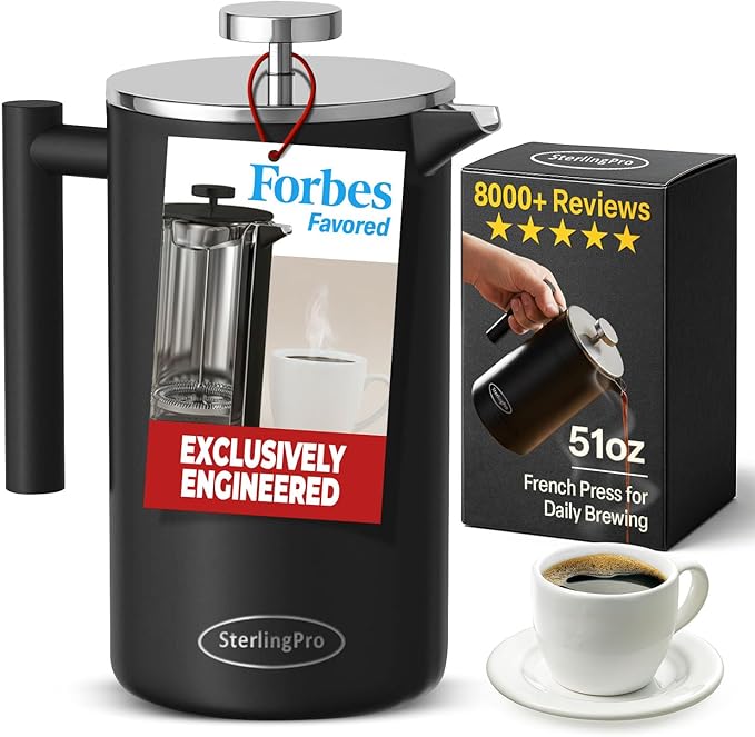 SterlingPro Large Insulated Stainless Steel French Press Coffee Maker 51oz – Insulated Metal Big Double Wall Coffee Maker | Plastic Free | Cool-Touch | Black Finish | Makes up to 11 cups / 6 mugs