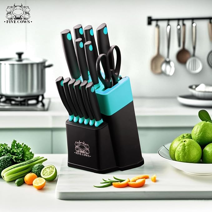 14 Pcs Kitchen Knife Block Set with Sharpener German High Carbon Stainless Steel Chef Knives, Razor-Sharp & Durable, Lightweight Anti-Slip Handle, Professional Set for Home & Kitchen (Green)