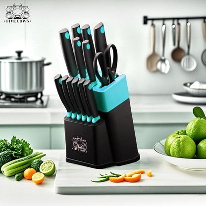 14 Pcs Kitchen Knife Block Set with Sharpener German High Carbon Stainless Steel Chef Knives, Razor-Sharp & Durable, Lightweight Anti-Slip Handle, Professional Set for Home & Kitchen (Green)