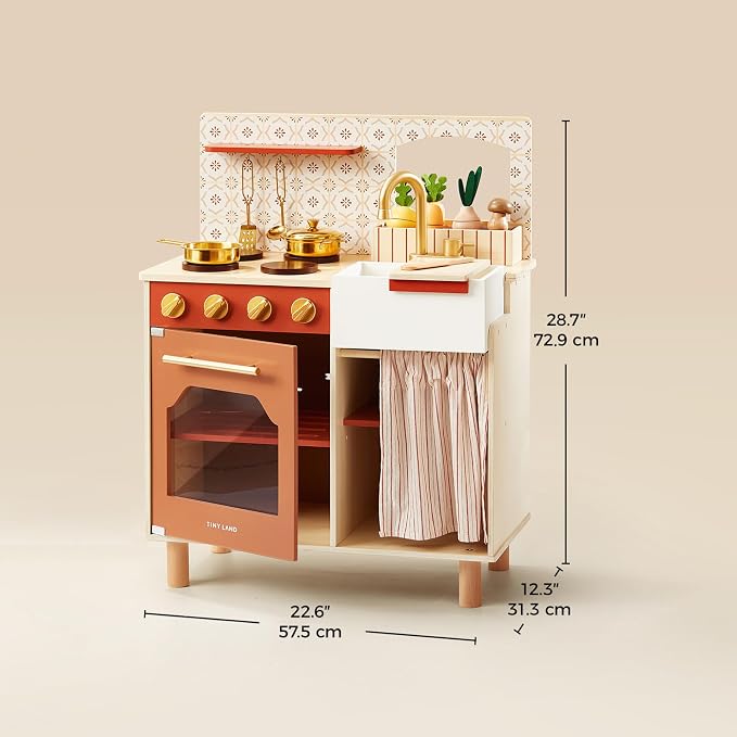 Tiny Land Play Kitchen for Toddlers, Wooden Kids Kitchen Playset with Cutting Food & Cookware, Oven, Clicking Knobs, Stove and Sink, Small Kitchen Toy Gift for Kids, Girls & Boys - Warm Retro