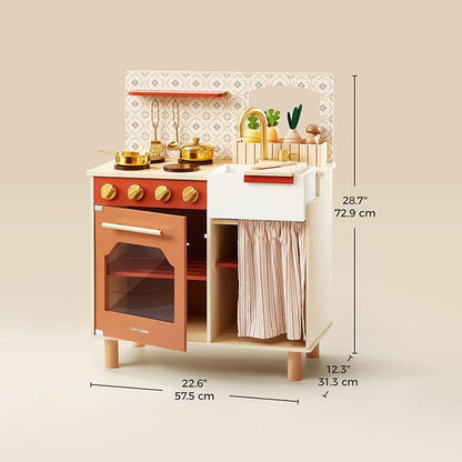 Tiny Land Play Kitchen for Toddlers, Wooden Kids Kitchen Playset with Cutting Food & Cookware, Oven, Clicking Knobs, Stove and Sink, Small Kitchen Toy Gift for Kids, Girls & Boys - Warm Retro
