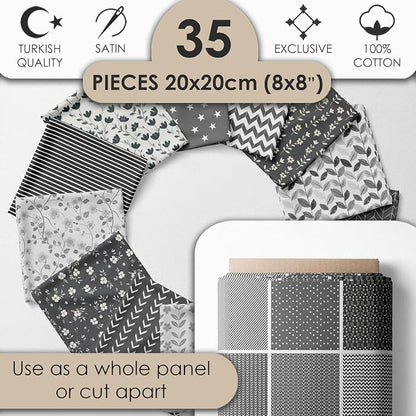 Cotton Satin Patchwork Fabric Panel – 35 Designs, 20×20 cm Squares, Single Piece 150×110 cm, Black & Grey Patchwork Quilt Fabric (Moonlight Patchwork Set, 35pcs 8x8 inch)