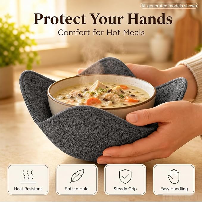 Set 2X Gray 7" sq. x 4" H Bowl Holders - Polyester Hot Soup Holder for Kitchen Gadget - Hot Pot and Japanese Soup Bowls - Microwave Bowl Cozy Safe - Multipurpose Hot Heat Proof Plate Holder