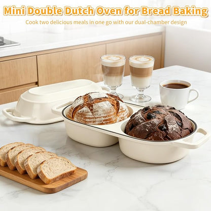 Mini Double Dutch Oven For Sourdough Bread Baking, 2.2QT Enameled Cast Iron Dutch Oven Pot With Lid, Non Stick Dual Round Bread Loaf Pan, 500°F Oven Safe, Sourdough Baking Pan For Homemade Baking