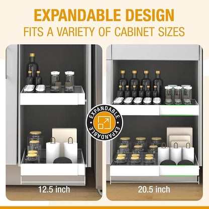 Expandable Pull Out Drawers for Cabinets(White) : Kitchen and Pantry Organizer, Sliding Cabinet Organizer with Adhesive, Under Sink and Pots Storage, Depth 16.5". expandable pull out cabinet organizer