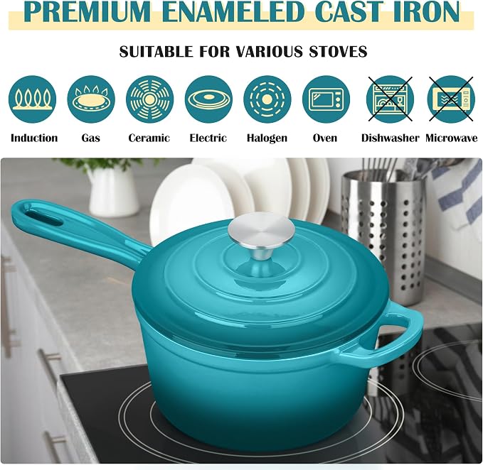 E-far Enameled Cast Iron Sauce Pan, 3 Quart Dutch Oven Saucepan with Lid, Small Sauce Pot for Cooking, Boiling, Healthy & Non Toxic, Induction & Oven Safe, Green