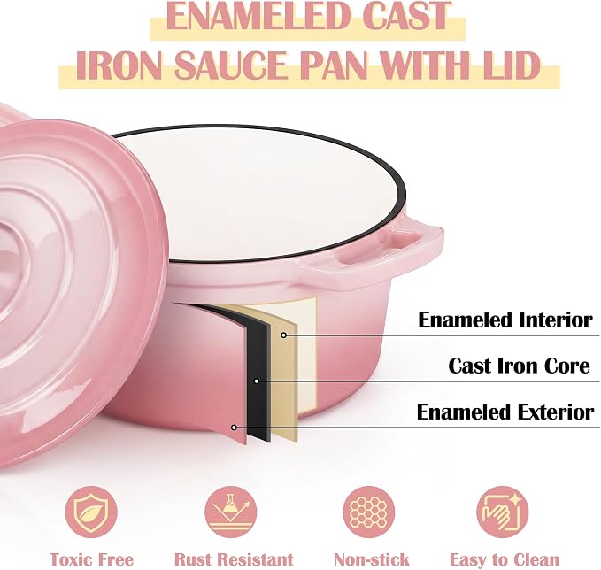 E-far Enameled Cast Iron Sauce Pan with Lid, 1 Quart Dutch Oven Saucepan, Mini Sauce Pot for Cooking, Boiling, Healthy & Non Toxic, Induction & Oven Safe, Pink