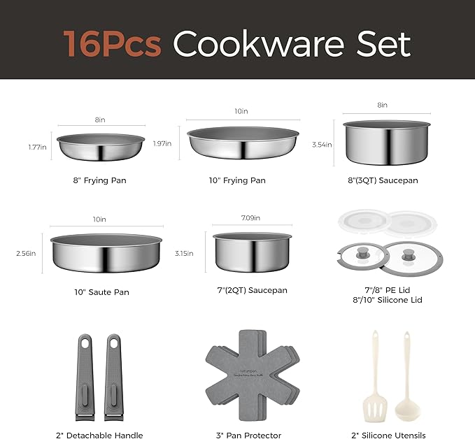 16PCS Pots and Pans Set Non Stick, Diamond-Titanium Ceramic Cookware Set & 3 Layer Stainless Steel with Detachable Handle, Induction Cookware, Non Toxic Oven/Dishwasher Safe, Gray
