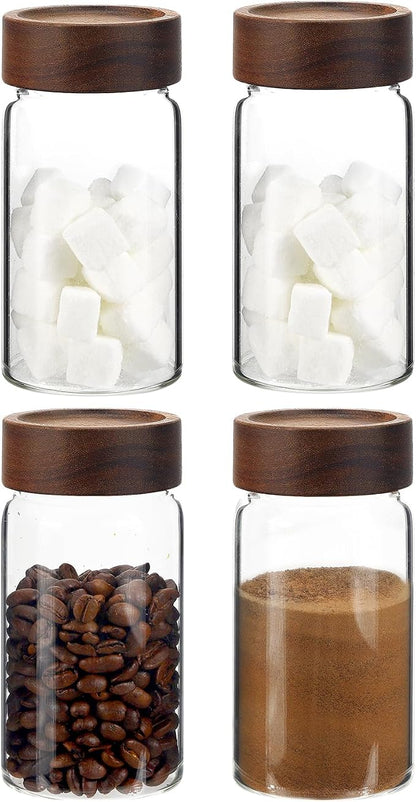 8 oz Small Glass Spice Jars with Airtight Wood Acacia Lid 4 PCS,Clear Coffee Ground Storage Canister Round Glass Spice Jar for Pantry Sugar Tea Bean Nuts Cookies Salts Seasoning