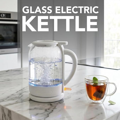 OVENTE Electric Kettle with 1.5L Borosilicate Glass, 1500W Fast Boiling Water Heater for Coffee or Tea, Easy to Fill Lid, Auto Shut-Off, Boil-Dry Protection & Stainless Steel Filter, White KG516W
