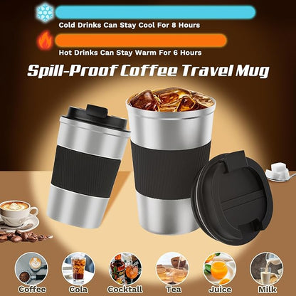 SPLMIFA Vacuum-Insulated Stainless Steel Travel Coffee Mug, Leak-Proof Reusable Coffee Cup with Lid -Keep Hot & Cold Drinks for Hours, Durable Insulated Tumbler for Men & Women(3rd-Silver black, 17OZ)