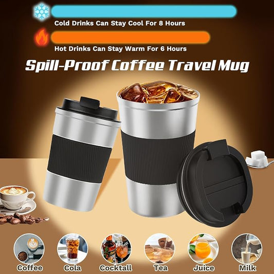 SPLMIFA Vacuum-Insulated Stainless Steel Travel Coffee Mug, Leak-Proof Reusable Coffee Cup with Lid-Keep Hot & Cold Drinks for Hours, Durable Insulated Tumbler for Men & Women(3rd-Silver black, 12OZ)
