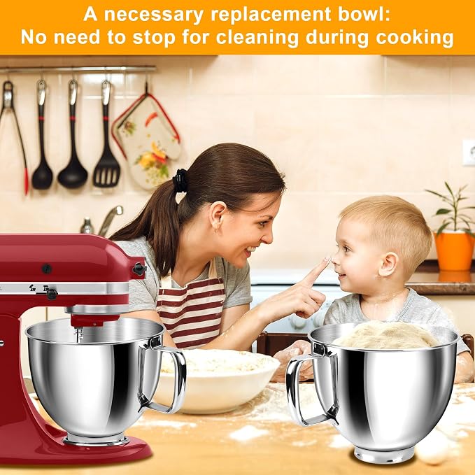 5 Quart Mixing Bowl for KitchenAid Stand Mixers, Food-Grade Stainless Steel Bowl with Handle & Clasp, Compatible with Tilt-Head 4.5–5 Qt Models – Fits K45, K45SS, KSM75, KSM150, KSM95 (Silver, 5QT)
