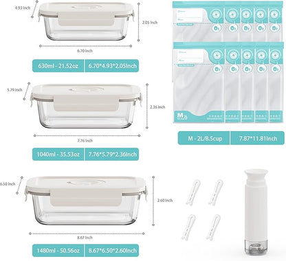 Vacuum Seal Glass Food Storage Containers, 3pcs Containers with 10pcs Sous Vide Bags/ 1pc Manual Pump, Meal Prep Container with Airtight Locking Lids for Lunch, Long-Lasting Freshness