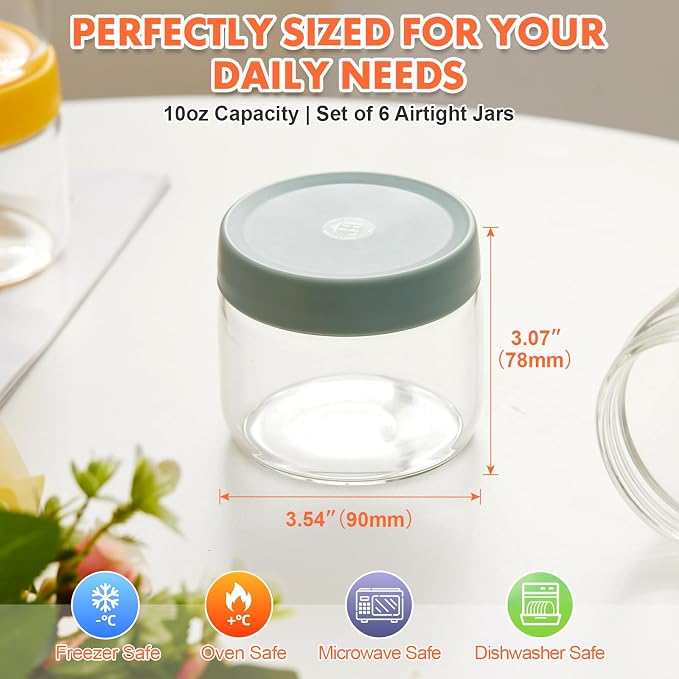 6 Pack 10oz Borosilicate Glass Jars with Lids – Fits 1 Cup Recipes and Toppings – Freezer to Oven Safe (-4°F to 446°F) Meal Prep Containers for Chia Pudding, Overnight Oats, Yogurt
