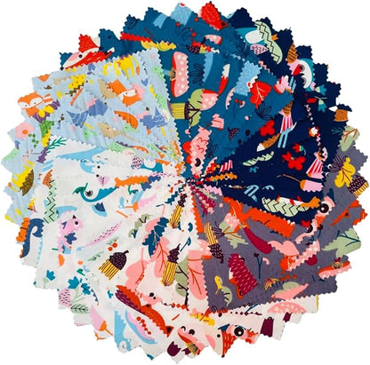 DMFR Woodland Animal Fabric Squares 5 x 5 Inch, 42 Pcs Cotton Precut Quilting Fabric Charm Pack, Forest Fox Owl Hedgehog Mushroom Quilt Squares for Kids Sewing, Patchwork, DIY Crafts