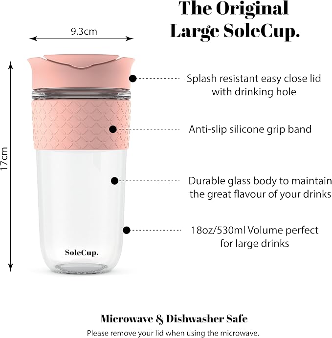 Large Travel Mug - Reusable Glass Coffee Mug - 18oz/530ml BPA-Free Hot Drink Travel Mug with Lid & Silicone Band (Pink, 18oz)