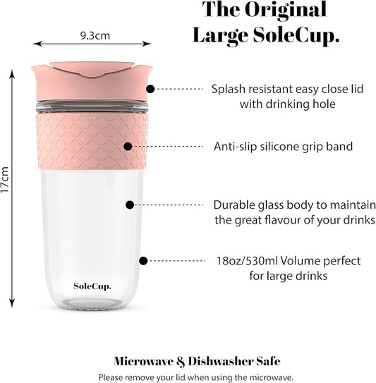 Large Travel Mug - Reusable Glass Coffee Mug - 18oz/530ml BPA-Free Hot Drink Travel Mug with Lid & Silicone Band (Pink, 18oz)