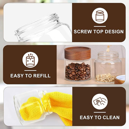 Glass Jar with Wood Lid, 4 Pack 8oz 240ml Coffee Jars with Airtight Lids, Wooden Screw Top Pantry Storage Glass Canister, Clear Kitchen Container for Spice, Sugar, Tea, Oats, Candy, Bean, Nuts