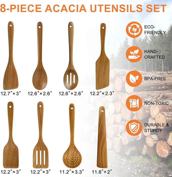 8 Pcs Best Acacia Wood Kitchen Utensil Set Wooden Spoons for Cooking Wok Turner Spatulas Bamboo Non Toxic Cooking Utensils Scraper Spurtle Kitchen Slotted Cooking Spoon Flat Egg Flipper Spatula Set