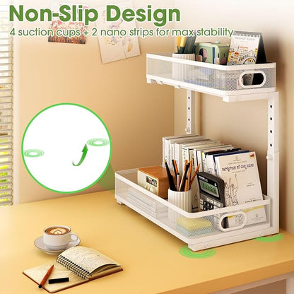 Under Sink Organizer 2-Pack, Metal 2-Tier Pull-Out Cabinet Shelf with Slide-Out Mesh Drawers, Height Adjustable, Space-Saving Under Sink Storage Racks for Kitchen, Bathroom, Laundry Room, White