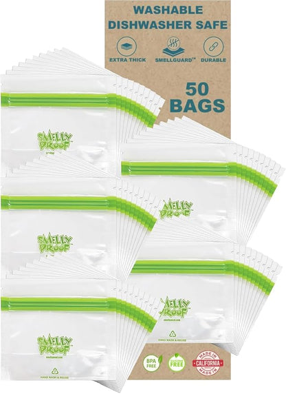 Smelly Proof 50 x Expandable Stand-Up & Fill REUSABLE Food Storage Bags, US Made, NO PEVA & BPA FREE, Reusable Freezer Bags, Dishwasher-Safe, Clear 3 mils STAND & FILL 4" x 3" - 50pk