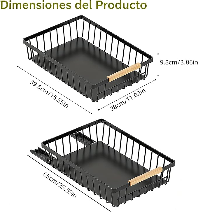 2 Pack No Drill Pull Out Cabinet Organizer, Carbon Steel Slide Out Drawer with Nano Adhesive, Kitchen Pantry Bathroom Under Cabinet Storage, Black