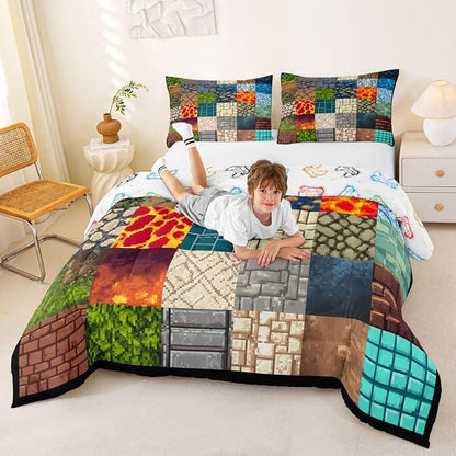 Manfei Video Game Comforter Set -Pixelated Themed Game Comforter King Size Block Theme Gaming Bedding Set for Kids Teens Adults Bedroom Decor Fashion Modern Quilt Duvet,3 Pcs with 2 Pillowcase