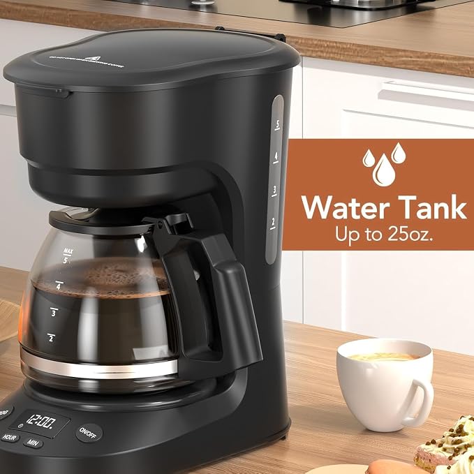 Electactic 5 Cup Programmable Drip Coffee Maker, 24H Delay Brew, 2H Keep Warm & Auto Shut Off, Pause & Serve, Reusable Filter, Glass Coffee Pot, Small Coffee Machine for Home Office