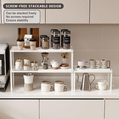 Magheo Expandable Cabinet Shelf Organizer, 2 Pack Stackable Kitchen Counter Shelf Riser, Metal Spice Rack Heavy Duty Countertop Organizer Storage for Kitchen, Pantry, Cupboard, Rv (8.7in Height,White)