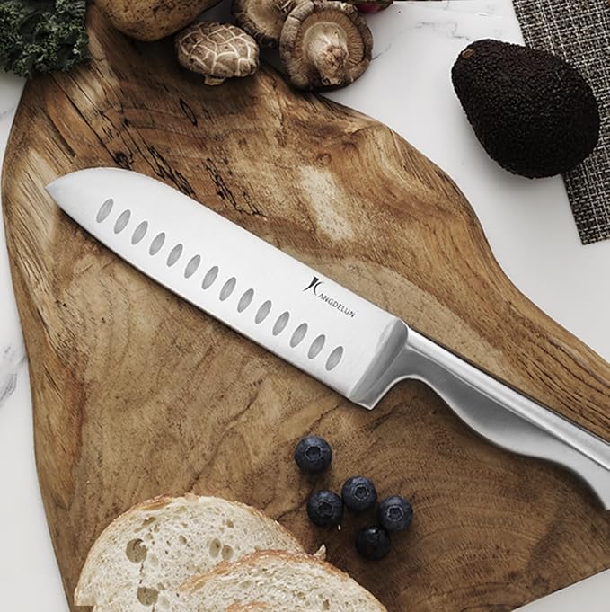 Kangdelun 15-Piece Ultra Sharp Kitchen Knife Set with Wooden Block, Exclusive Ergonomic Anti-Slip Handle, High-Carbon 50CR15MOV Steel, Angled Design, Dark Brown Wood Block