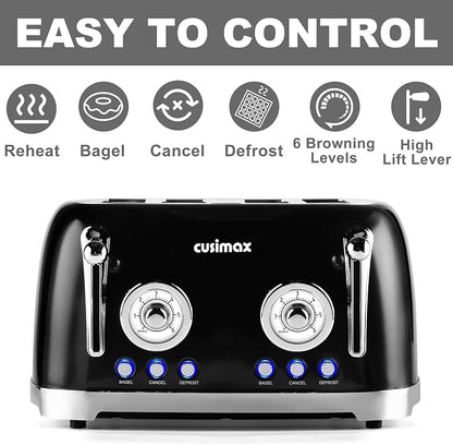 CUSIMAX Toaster 4 Slice, Retro Toaster with Wide Slots for Bagels, Stainless Steel with 6 Toast Settings, Bagel, Cancel, Defrost & Reheat Functions, Dual Independent Control Panels, Black