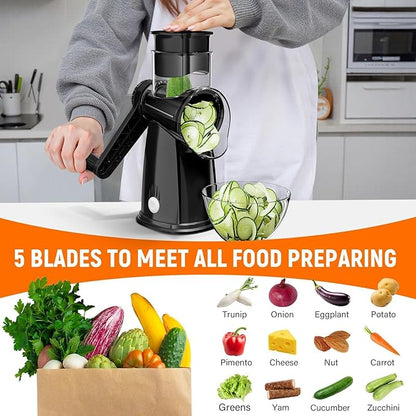 5 Blades Rotary Cheese Grater Hand Crank Vegetable Chopper Shredder Spiralizer Slicer Mandoline for Vegetable & Cheese & Fruit, Food Chopper for Kitchen with Blades Storage Box & Suction Base (Black)