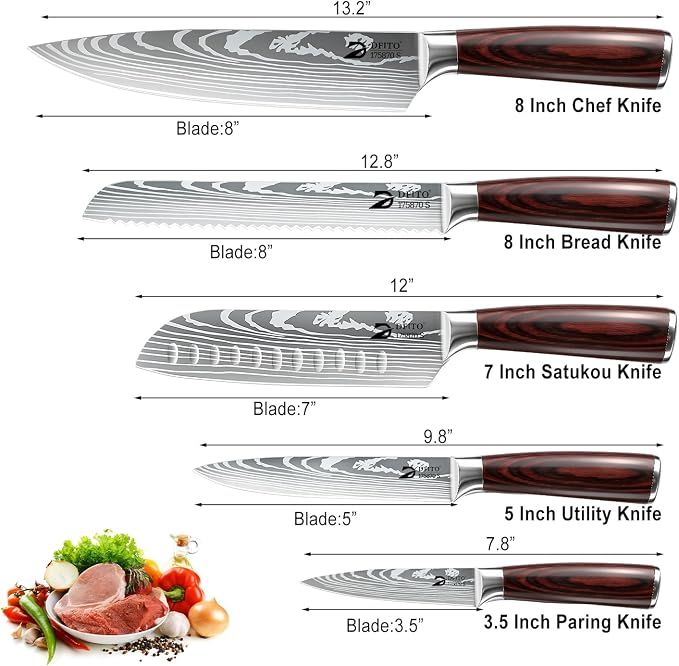 Dfito Kitchen Knife Set, 5 Pieces High Carbon Stainless Steel Chef Knife Set with Red Pakkawood Handle, Ultra Sharp Professional Chef Knives Sets for Home Cooking, Dishwasher Safe