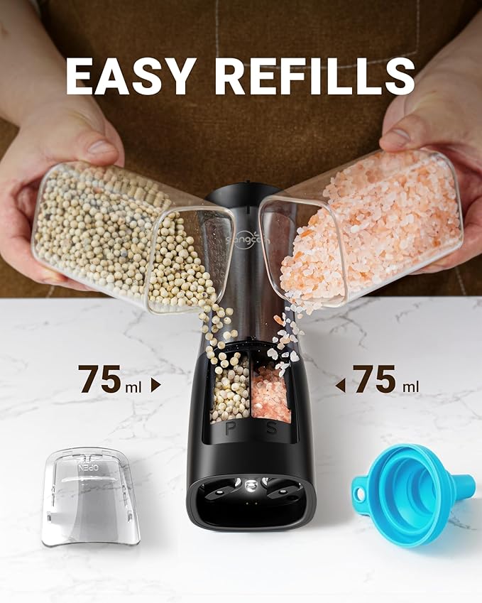 Sangcon 2-in-1 Rechargeable Salt and Pepper Grinder, USB-C Charging Base, One-Handed Automatic Grinder with Adjustable Coarseness & Light, Dual-Chamber Refillable Mill, Housewarming Gifts for Cooks