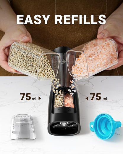 Sangcon 2-in-1 Rechargeable Salt and Pepper Grinder, USB-C Charging Base, One-Handed Automatic Grinder with Adjustable Coarseness & Light, Dual-Chamber Refillable Mill, Housewarming Gifts for Cooks