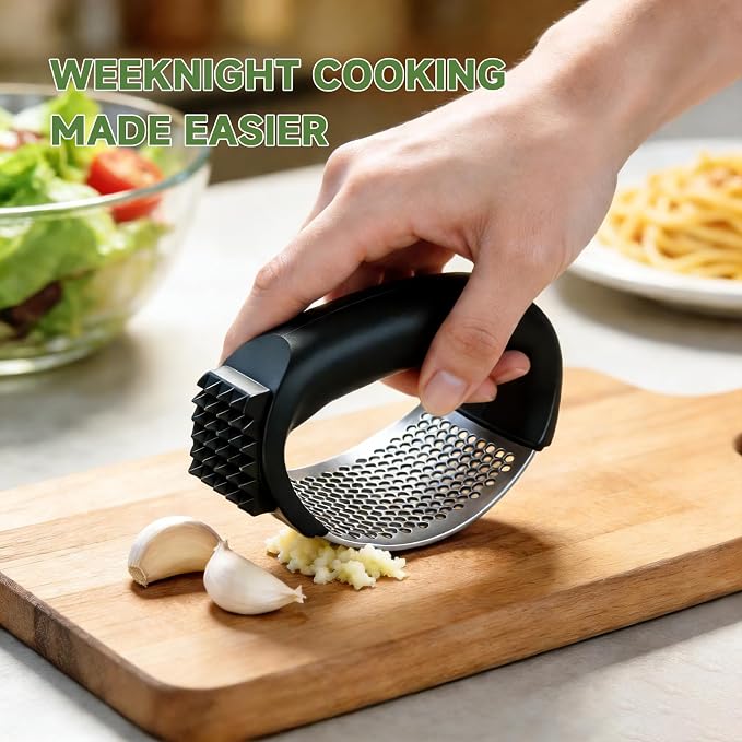Garlic Press Rocker 304 Stainless Steel Garlic Mincer Crusher Easy to Clean Dishwasher Safe Textured End for Light Tenderizing, with Silicone Peeler and Cleaning Brush (Green)