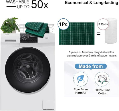 Mordimy 100% Cotton Terry Cloth Kitchen Towels, Super Soft and Absorbent Dish Towels for Drying, Checkered Designed Hand Towels for Kitchen, 13 x 28 Inches, 4 Pack, Dark Green