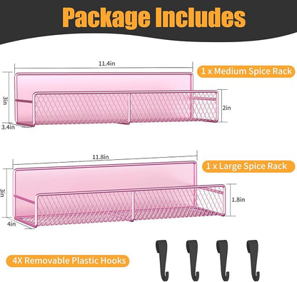 Magnetic Spice Rack for Refrigerator, 2 Pack Metal Magnetic Shelf Pink, Moveable Spice Organizer with Hooks, Super Magnetic Fridge Shelf for Kitchen Organization and Storage