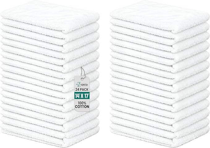 ZUPERIA Terry Towels Pack of 24 (14" X 17" Inches) 100% Cotton Terry Barmop Towels - Absorbent & Durable Bar Rags, Multipurpose Cleaning Rags for Home, Automotive & Garage Cleaning Supplies (White)